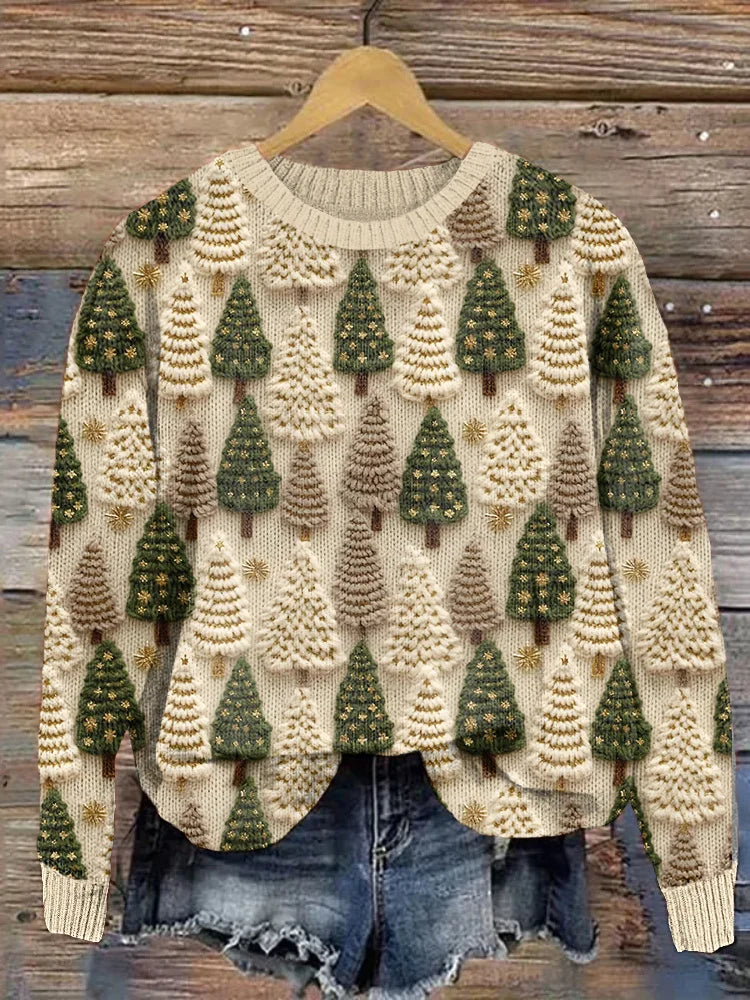 Warm Knitted Sweater with Christmas Trees